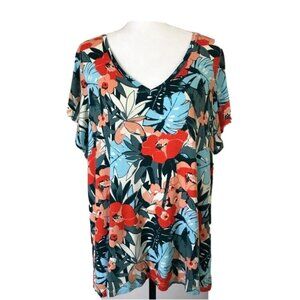 C&C California Short Sleeve Top Blouse Size 1X Multicolor Floral Rayon Spandex